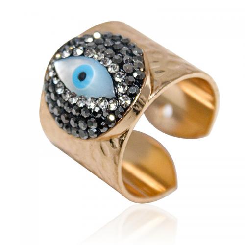 Anillo de dedo de joyería de mal de ojo, metal, con Arcilla analiar de diamantes de imitación AB & Nácar & aleación de zinc, chapado en color dorado, unisexo, color mixto, inner diameter:17~20mm, Vendido por UD