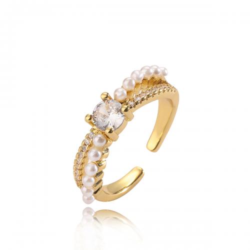 Cubic Zirconia Micro Pave Brass Finger Ring, with Plastic Pearl, 18K gold plated, fashion jewelry & micro pave cubic zirconia & for woman 