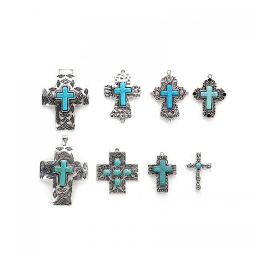 Turquoise Zinc Alloy Pendants, with turquoise, Cross, plated, DIY silver color 