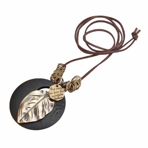 Zinc Alloy Sweater Necklace, with Velveteen Cord & Wood, Leaf, plated, vintage & for woman Approx 31.5 Inch 