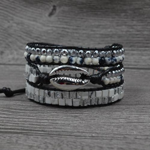 Fashion Zinc Alloy Bracelets, with Howlite & Wax Cord & Gemstone & Hematite & Crystal, Shell, silver color plated, Adjustable & fashion jewelry & multilayer & Unisex, mixed colors Approx 51 cm 
