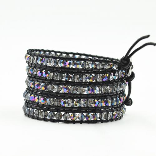 Crystal Bracelets, with leather cord & 304 Stainless Steel, Round, Adjustable & fashion jewelry & multilayer & Unisex & faceted, mixed colors, 4mm Approx 85 cm 