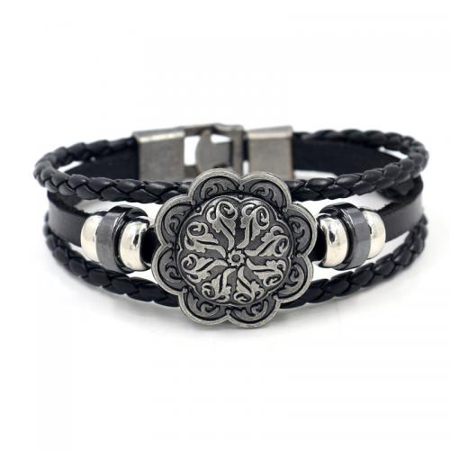 Cuir bracelet, avec cuir PU & alliage de zinc, fleur, multicouche & le style de punk & unisexe Environ 8.3 pouce, Vendu par PC