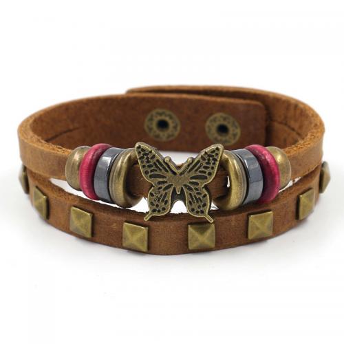 alliage de zinc bracelet, avec cuir de peau de vache, papillon, multicouche & with rivet stud & unisexe, brun Vendu par PC