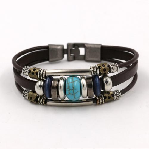 alliage de zinc bracelet, avec turquoise & cuir de peau de vache, multicouche & le style de punk & unisexe Vendu par PC