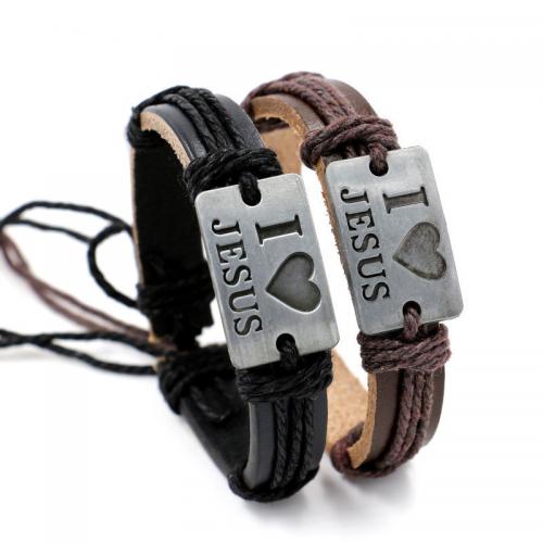 alliage de zinc bracelet, avec cuir de peau de vache & corde de cire, le style de punk & unisexe & avec le motif de lettre, plus de couleurs à choisir Vendu par PC