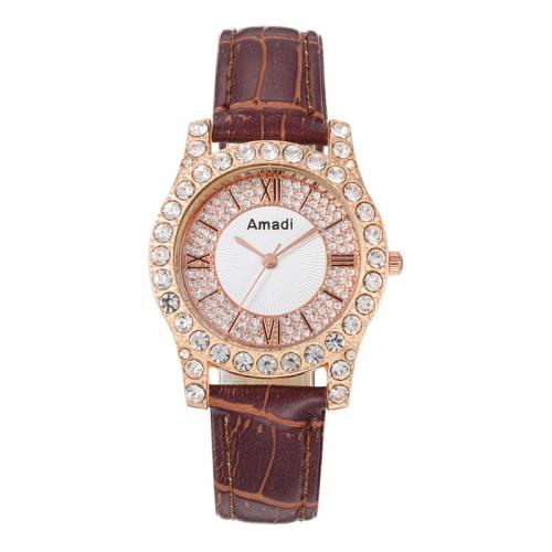 PU Leather Watch Bracelet, with Zinc Alloy, Round, plated, with roman number & for woman & with rhinestone 