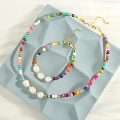 Jewelry Gift Sets, Glass Beads, with Freshwater Pearl & Brass, fashion jewelry & for woman, multi-colored 