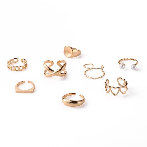 Zinc Alloy Ring Set, with Plastic Pearl, gold color plated, 8 pieces & fashion jewelry & for woman, golden 