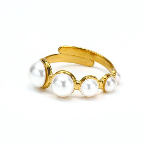 Stainless Steel Finger Ring, 304 Stainless Steel, with Plastic Pearl, fashion jewelry & for woman, golden 