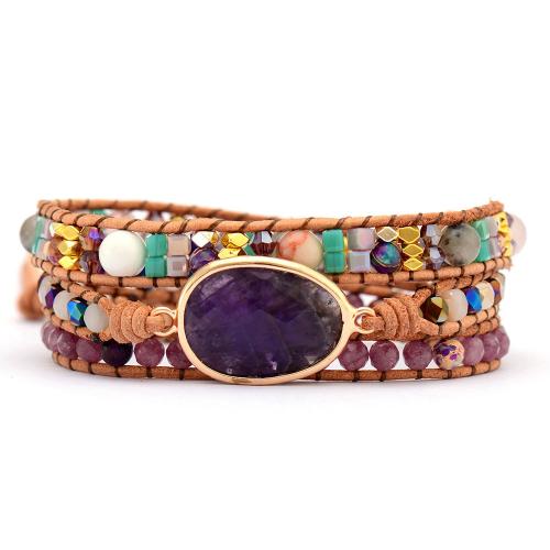Amethyst Bracelet, with cowhide cord, Oval, handmade, multilayer & Bohemian style & for woman Approx 20-24 Inch 