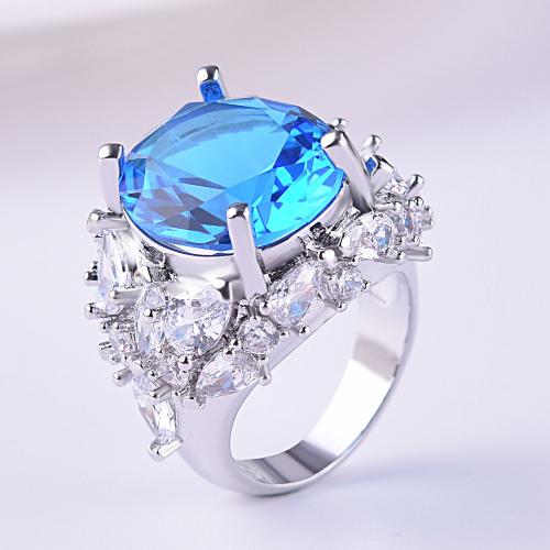 Латунное кольцо с стразами, Латунь, покрытый платиной, ювелирные изделия моды & разный размер для выбора & Женский & со стразами, голубой, не содержит никель, свинец, продается PC