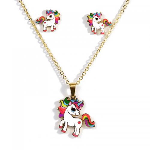 Enamel Stainless Steel Jewelry Sets, 304 Stainless Steel, Stud Earring & necklace, Unicorn, plated, 2 pieces & fashion jewelry & for woman, golden, pendant 25*25mm,ear stud 15*14mm Approx 45 cm 