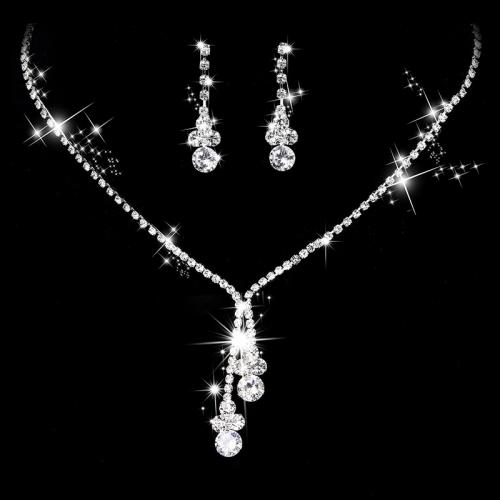 Brass Cubic Zirconia Jewelry Sets, earring & necklace, with Cubic Zirconia, silver color plated & for woman & with rhinestone cm 