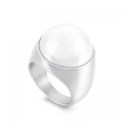 Stainless Steel Finger Ring, 304 Stainless Steel, with Plastic Pearl, polished, fashion jewelry & for woman, original color 
