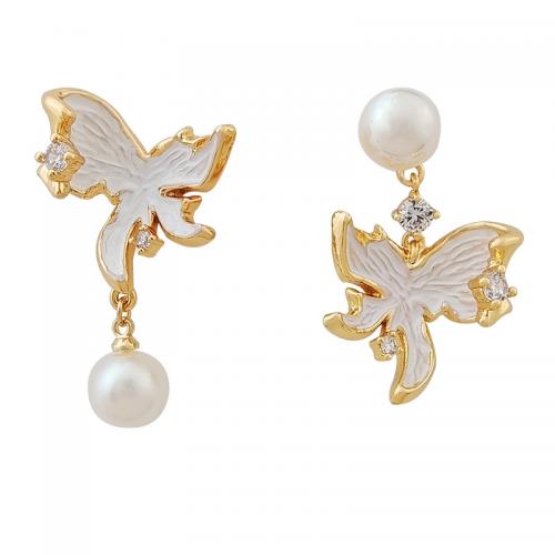 Glass Pearl Drop Earring, Brass, with Glass Pearl, real gold plated, micro pave cubic zirconia & for woman & enamel, gold 