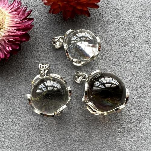 Natural Quartz Pendants, Clear Quartz, with Brass, Round, silver color plated, fashion jewelry & DIY, clear 