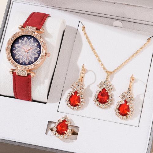 Zinc Alloy Jewelry Set, watch & finger ring & earring & necklace, with PU Leather & Glass, plated, Gift box package & 4 pieces & Chinese movement & for woman & with rhinestone watch length 230mm,necklace length 400mm, US Ring 