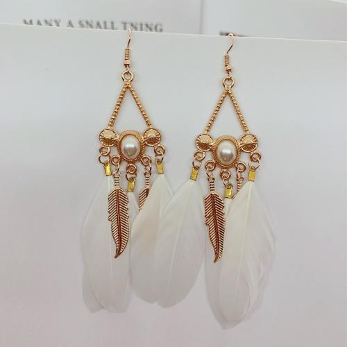 Fashion Feather Earring , with Plastic Pearl & Zinc Alloy, gold color plated, fashion jewelry & Bohemian style & for woman 90mm 