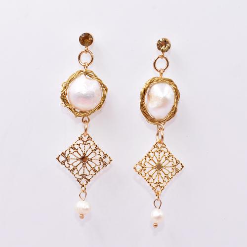Freshwater Pearl Drop Earring, Zinc Alloy, with pearl & 304 Stainless Steel, gold color plated, fashion jewelry & for woman & with rhinestone & hollow, white, 55mm 