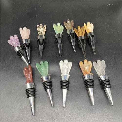 Bottle Stopper, Gemstone, with Rubber & 304 Stainless Steel, random style & mixed, mixed colors, 100mm 