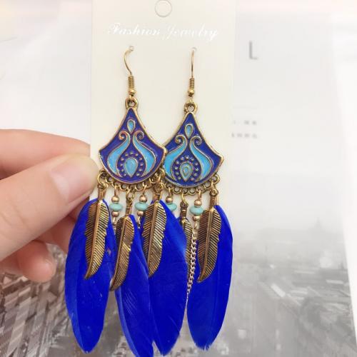 Fashion Feather Earring , with Seedbead & Zinc Alloy, gold color plated, fashion jewelry & Bohemian style & for woman & enamel 120mm 