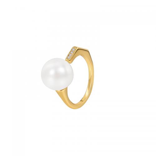 Cubic Zirconia Micro Pave Brass Finger Ring, with Shell Pearl, plated, micro pave cubic zirconia & for woman, golden 