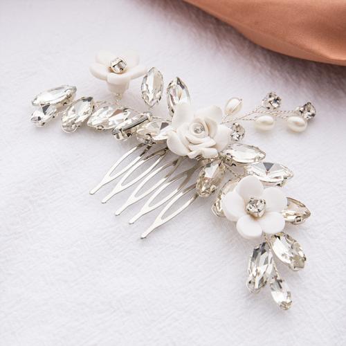 Decorative Hair Combs, Iron, with Crystal & Resin, fashion jewelry & for woman, silver color 