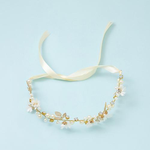 Headband, Zinc Alloy, with Rhinestone & Plastic Pearl, fashion jewelry & for woman, gold, Headband 28*4.5cm, plus streamer length 82cm 