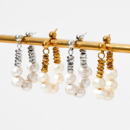 Freshwater Pearl Drop Earring, 304 Stainless Steel, with Freshwater Pearl, Vacuum Ion Plating, fashion jewelry & for woman 30mm 