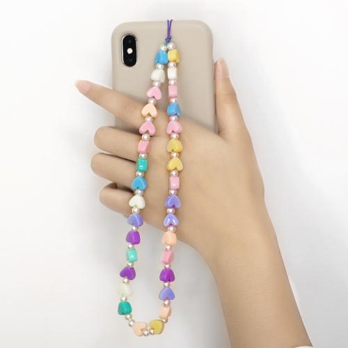 Fashion Mobile Phone Lanyard, Resin, with Nylon Cord & Plastic Pearl, Heart, fashion jewelry, Random Color, Rope length 11cm, chain length 44cm 