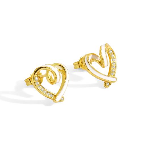 Cubic Zirconia Micro Pave Brass Earring, Heart, plated, micro pave cubic zirconia & for woman & epoxy gel, golden 