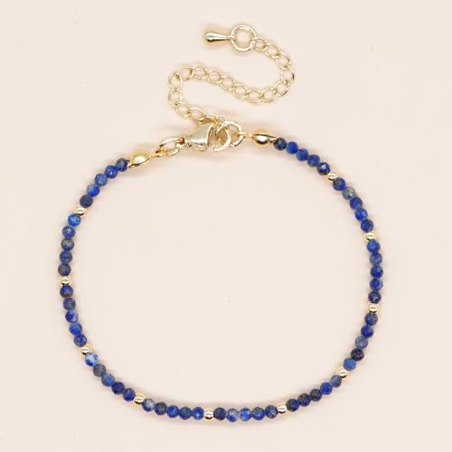 Naturelle Lapis Lazuli Bracelet, avec laiton & alliage de zinc, Rond, Placage de couleur d'or, bijoux de mode & unisexe & facettes, bleu, 2mm Environ 17.5 cm, Vendu par PC