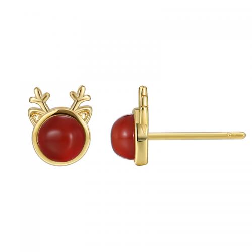 Brass Stud Earring, with Red Agate, plated, for woman, golden [