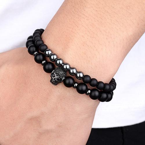 Noir Bracelet Pierre, pierre noire, avec laiton, Double couche & bijoux de mode & unisexe, plus de couleurs à choisir Environ 19 cm, Vendu par PC