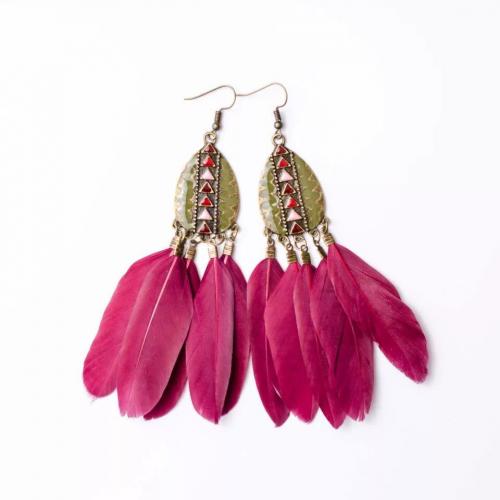 Fashion Feather Earring , with Zinc Alloy, antique bronze color plated, fashion jewelry & Bohemian style & for woman & enamel 80mm 