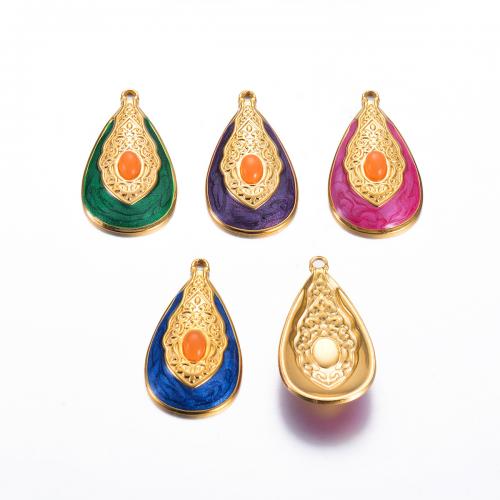 Enamel Stainless Steel Pendant, 304 Stainless Steel, with Resin, Teardrop, gold color plated, DIY 