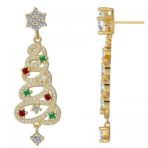 Christmas Earrings, Brass, Christmas Tree, plated, micro pave cubic zirconia & for woman, golden 