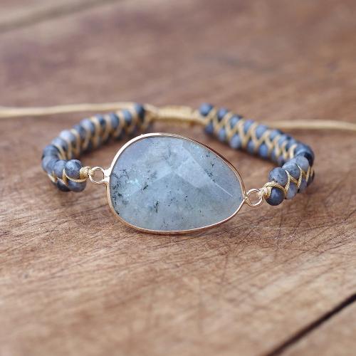 Gemstone Bracelets, Labradorite, with Knot Cord & Brass, Round, gold color plated, Adjustable & fashion jewelry & Unisex, grey Approx 18 cm 