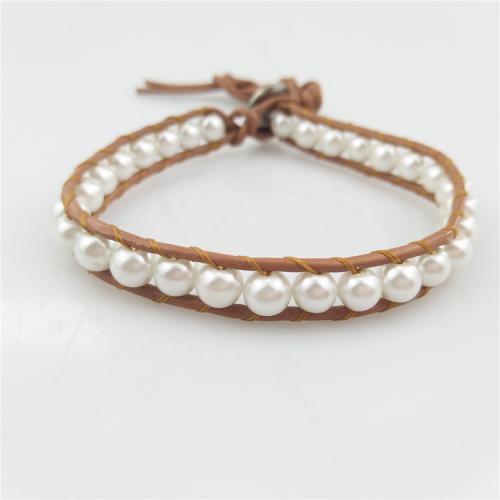 Plastic Pearl Bracelets, with cowhide cord & 304 Stainless Steel, Round, fashion jewelry & Unisex, white Approx 18 cm 