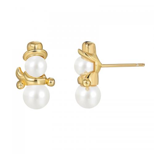 South Sea Shell Stud Earrings, Brass, with Shell Pearl, Snowman, real gold plated, fashion jewelry & for woman [