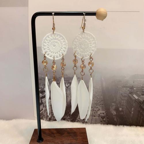 Fashion Feather Earring , with Knot Cord & Crystal & Iron & Zinc Alloy, gold color plated, fashion jewelry & Bohemian style & for woman 100mm 