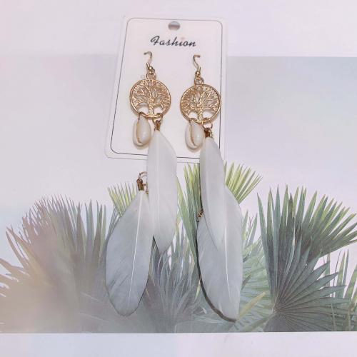 Fashion Feather Earring , with Shell & Zinc Alloy, gold color plated, fashion jewelry & Bohemian style & for woman 140mm 