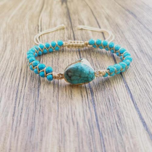 Turquoise Bracelets, Natural Turquoise, with Knot Cord & Brass, irregular, gold color plated, Adjustable & fashion jewelry & Unisex, blue Approx 17-26 cm 