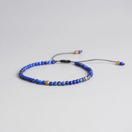 Natürlichen Lapis Lazuli Armband, Lapislazuli, mit Knotenschnur & Zinklegierung, rund, goldfarben plattiert, Einstellbar & Modeschmuck & unisex & facettierte, blau, 3mm, Länge:ca. 17-26 cm, verkauft von PC