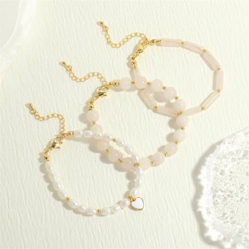 Gemstone Bracelets, with Freshwater Pearl & Brass, gold color plated, fashion jewelry & for woman & enamel Approx 16-22 cm 