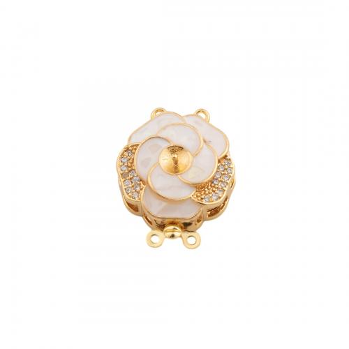 Brass Box Clasp, with White Shell, Flower, 14K gold plated, DIY & micro pave cubic zirconia Approx 0.5mm [