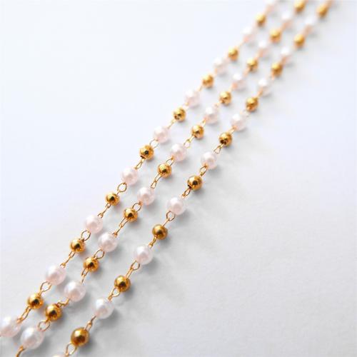 Messing dekorative Kette, mit Kunststoff Perlen, rund, KC goldfarben plattiert, DIY, weiß, frei von Nickel, Blei & Kadmium, verkauft von m