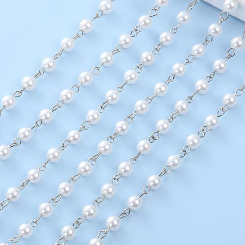 Brass Beading Chains, with Plastic Pearl, Round, platinum color plated, DIY, white, nickel, lead & cadmium free, 4mm 