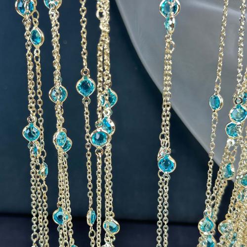Brass Beading Chains, with Glass, Flat Round, KC gold color plated, DIY, acid blue, nickel, lead & cadmium free, 6mm 